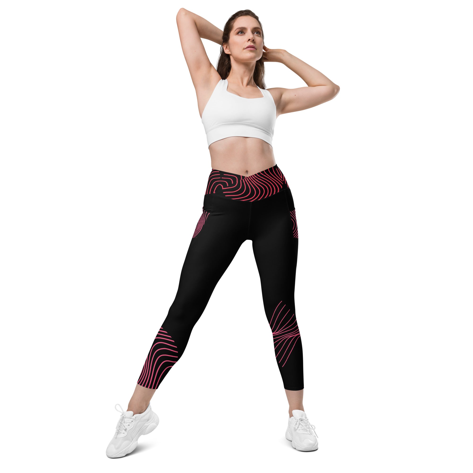 Black crossover leggings with pockets- activewear for gym girls. Fitness or yoga pants. RippleFX by WickedYo.